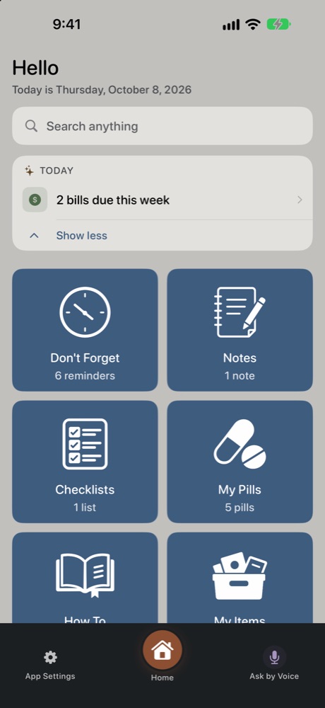 Recall's Home screen with today's summary and section cards