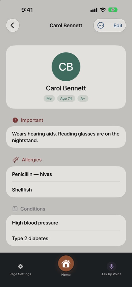 A Medical Info page with allergies and conditions